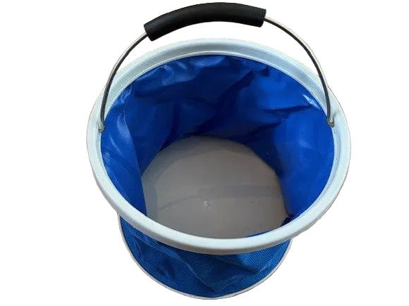 Open blue folding bucket viewed from above, with a raised metal handle and black grip.