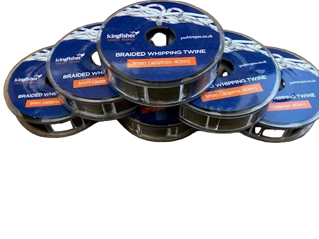 Six spools of Kingfisher Braided Whipping Twine, 1mm (approx 40m) each, arranged in a small pile