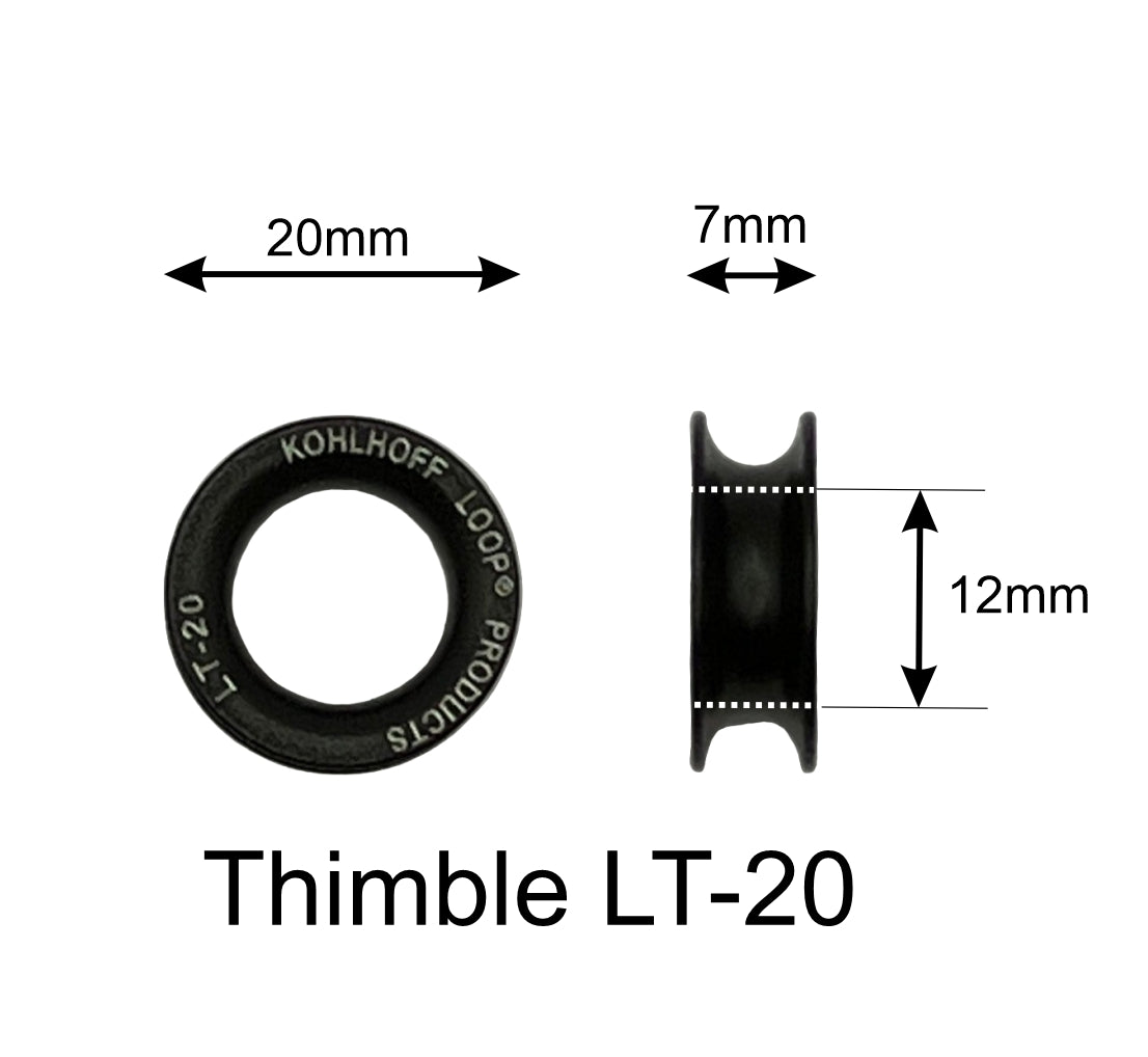 Technical dimensions for 20A aluminium thimble - 20mm diameter, 12mm bore, 7mm depth