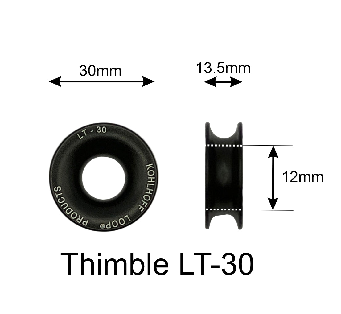 Technical dimensions for 30A aluminium thimble - 30mm diameter, 12mm bore, 13.5mm depth