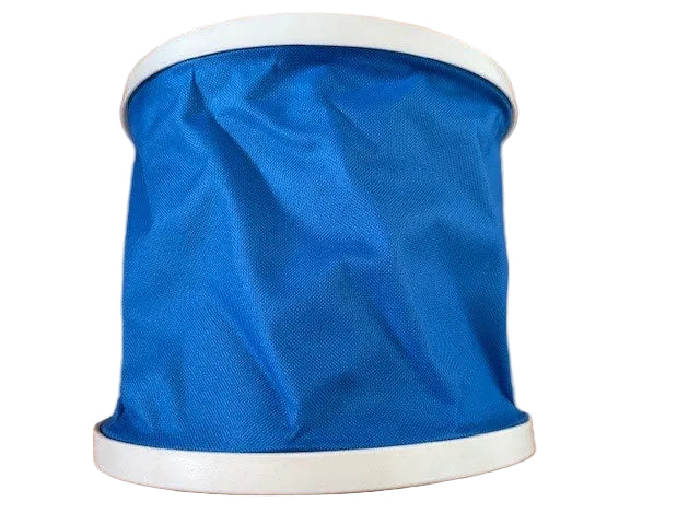 Side view of the expanded blue PVC folding bucket with white top and bottom rings.