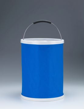Blue 9 litre folding bucket standing upright with white rim and base and a raised metal handle