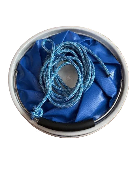 Blue PVC bucket folded flat with its blue lanyard coiled inside the rim and handle folded down.