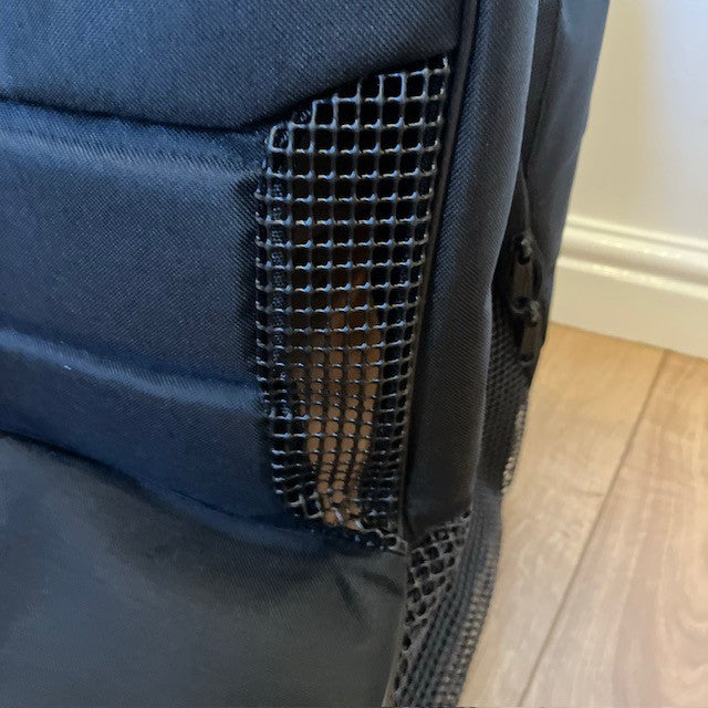 Close-up of a boot bag bag with a mesh ventilation on front.