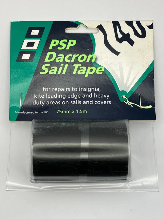 PSP Dacron Sail Repair Tape in black, 75mm x 1.5m, front packaging showing product for sail repairs and kite leading edge