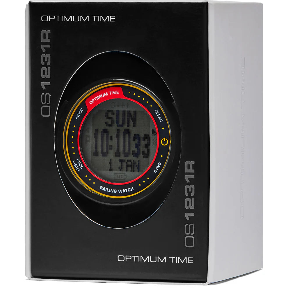 Close-up of Optimum Time OS12 sailing watch showing digital countdown display in box