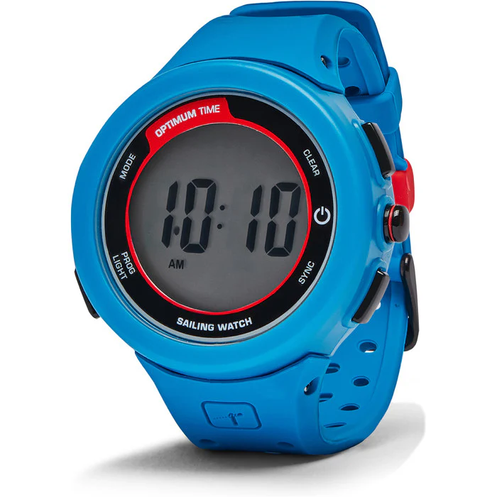 Blue Optimum Time Series 15 sailing watch with digital display and silicone strap, shown at an angle.