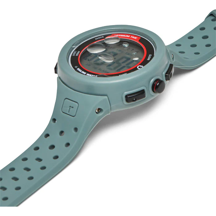 Grey Optimum Time Series 15 sailing watch laid flat with water droplets on the display and its strap extended.