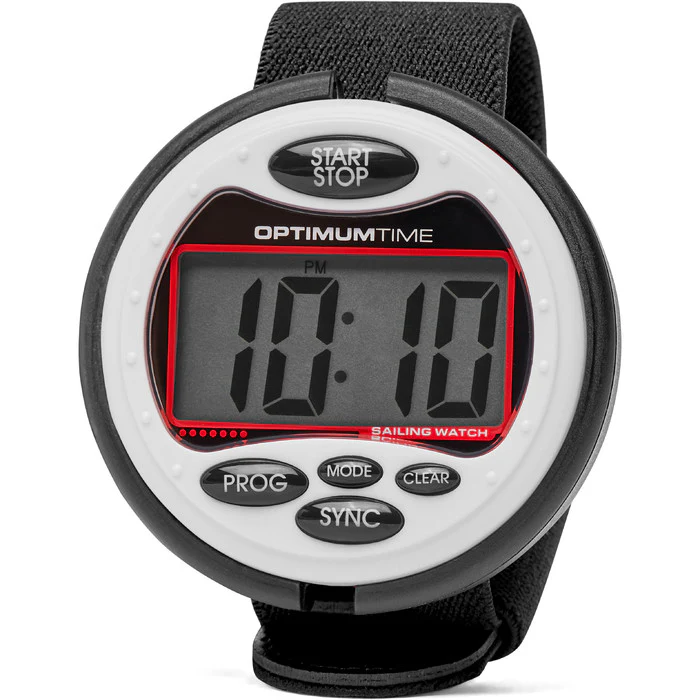  White Optimum Time Series 3 sailing watch with large digital display, front buttons and black strap.