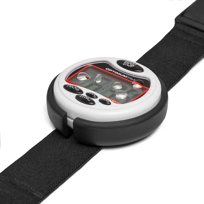 White Optimum Time Series 3 sailing watch with water droplets on the display and black strap extended.