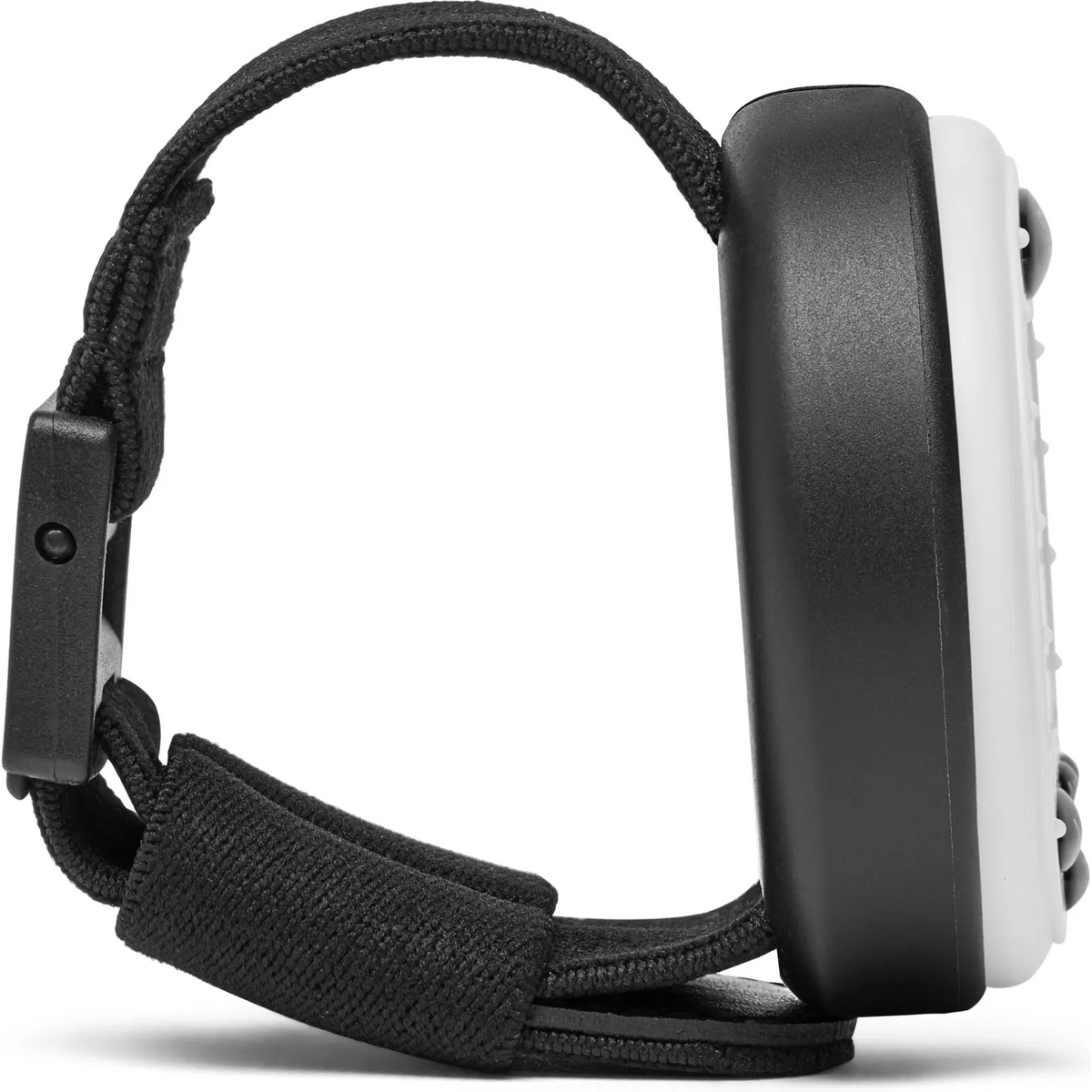 Side view of the white Optimum Time Series 3 sailing watch showing the black case and looped strap.