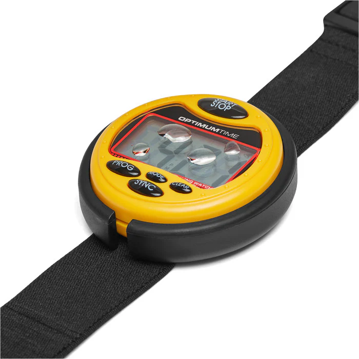Yellow Optimum Time Series 3 sailing watch with water droplets on the display and black strap extended.