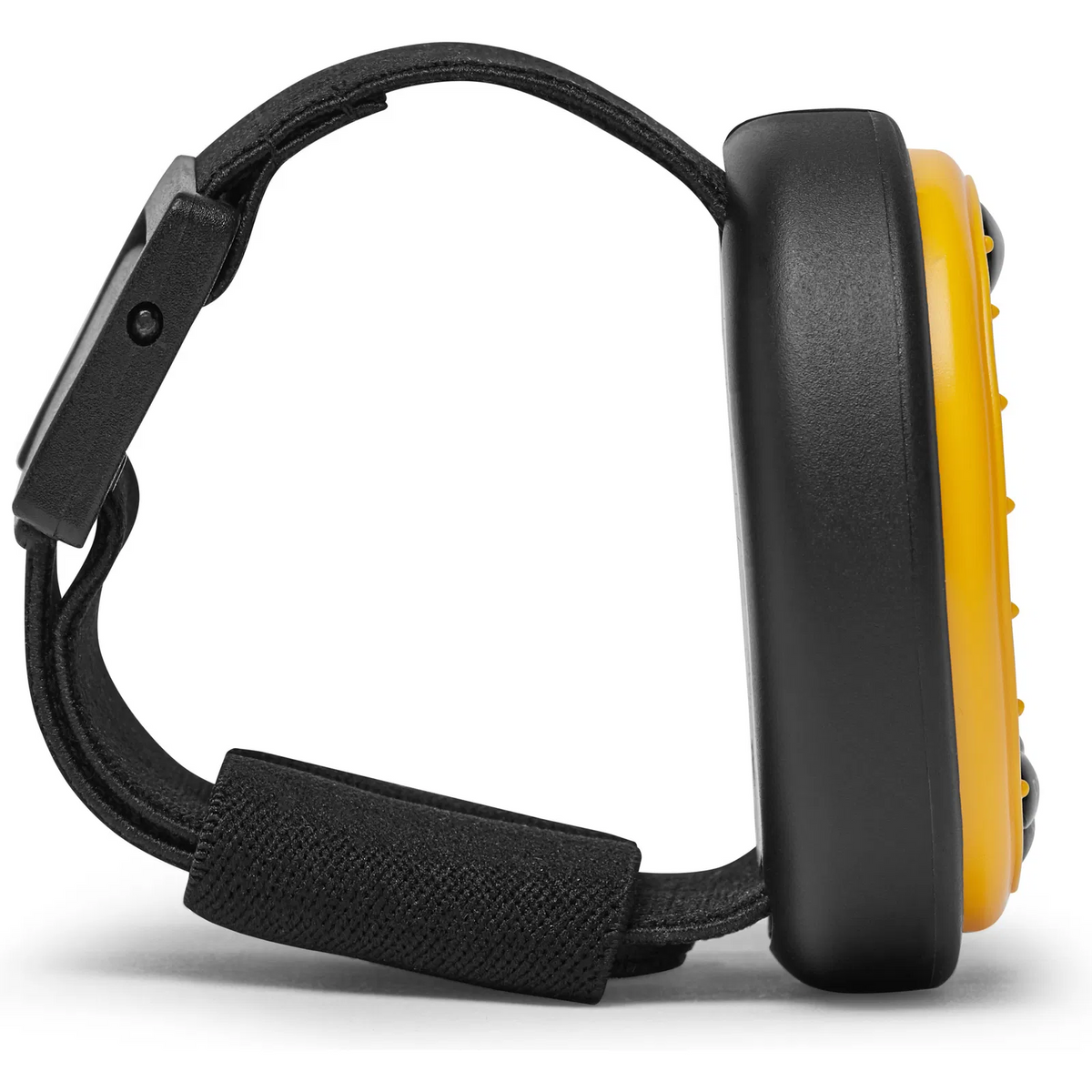 Side view of the yellow Optimum Time Series 3 sailing watch showing the black case and looped strap.