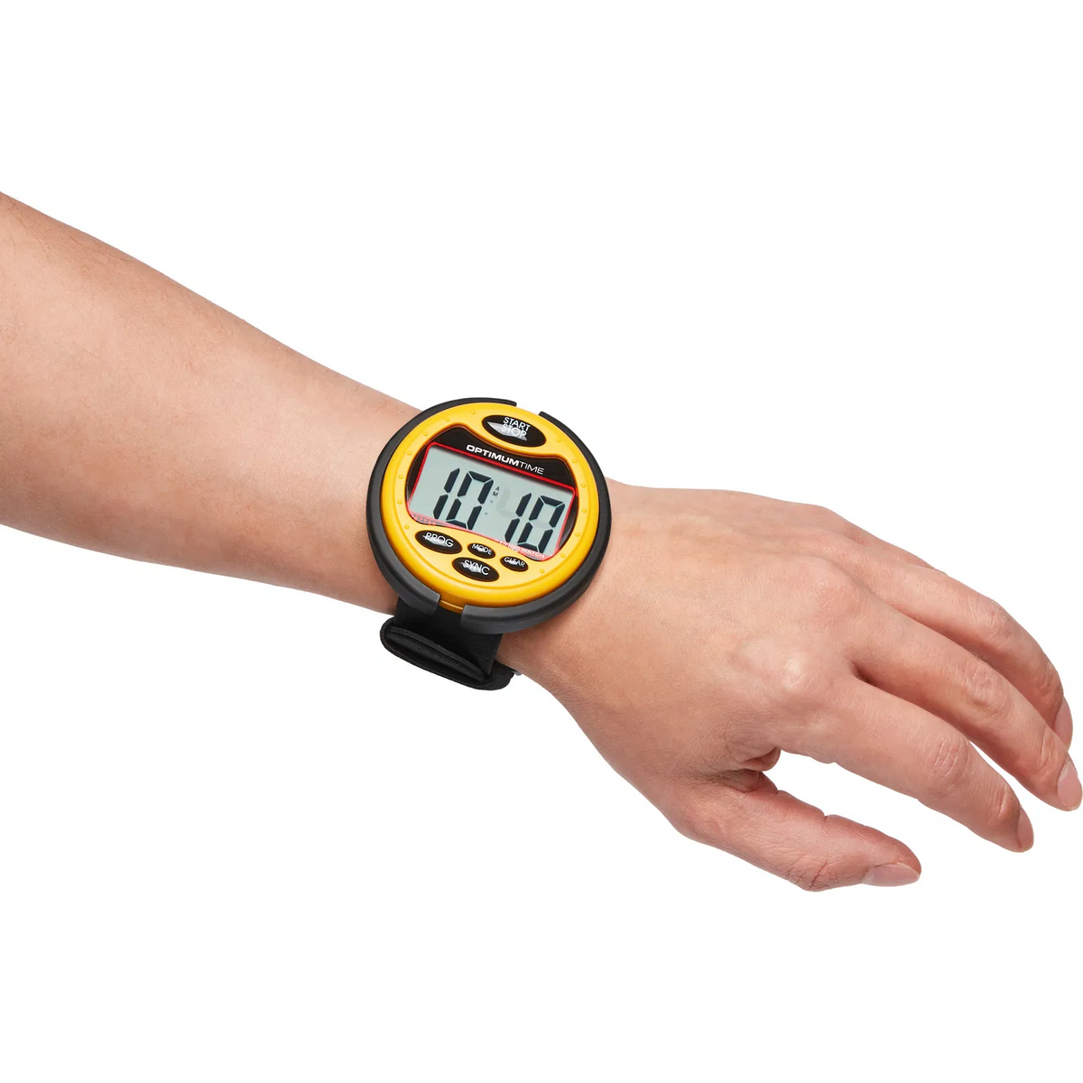 Yellow Optimum Time Series 3 sailing watch worn on a wrist, showing its large display and fit.