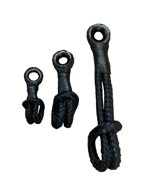 All three sizes of Dyneema loops with aluminium thimbles - 4mm, 5mm, and 6mm comparison