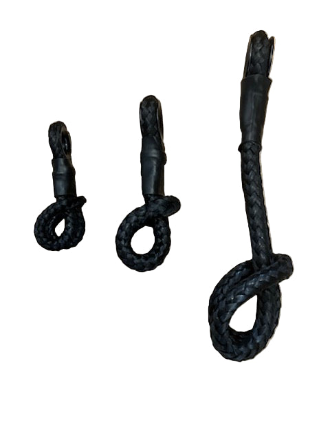 Size comparison of 4mm, 5mm, and 6mm Dyneema loops with aluminium thimbles - side view