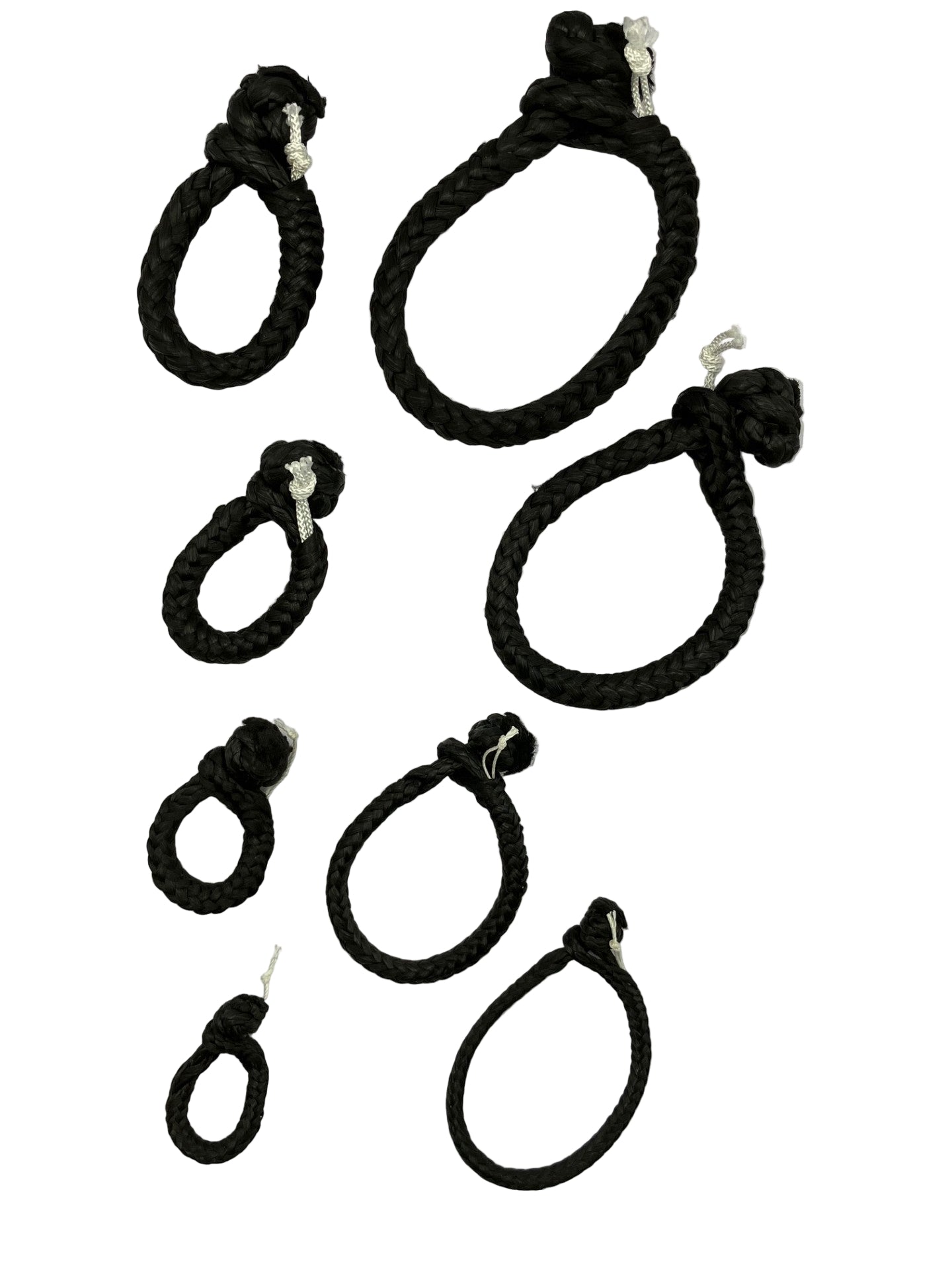 Range of Dyneema soft shackle sizes from 3mm to 6mm diameter