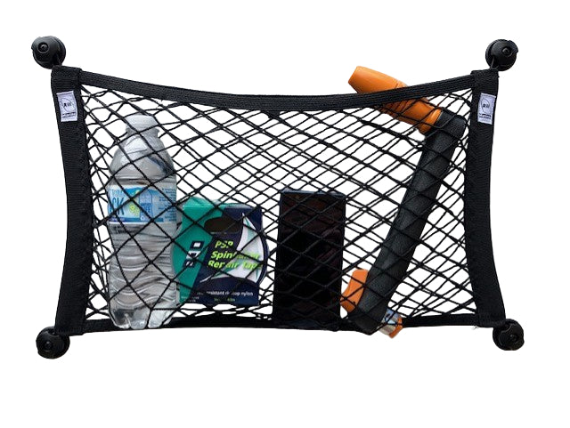 Elastic mesh storage pouch installed and holding items
