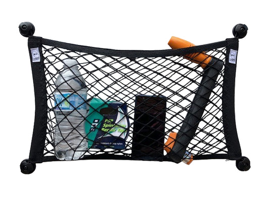 Elastic pocket mesh storage pouch with mounting hardware for boats and RVs