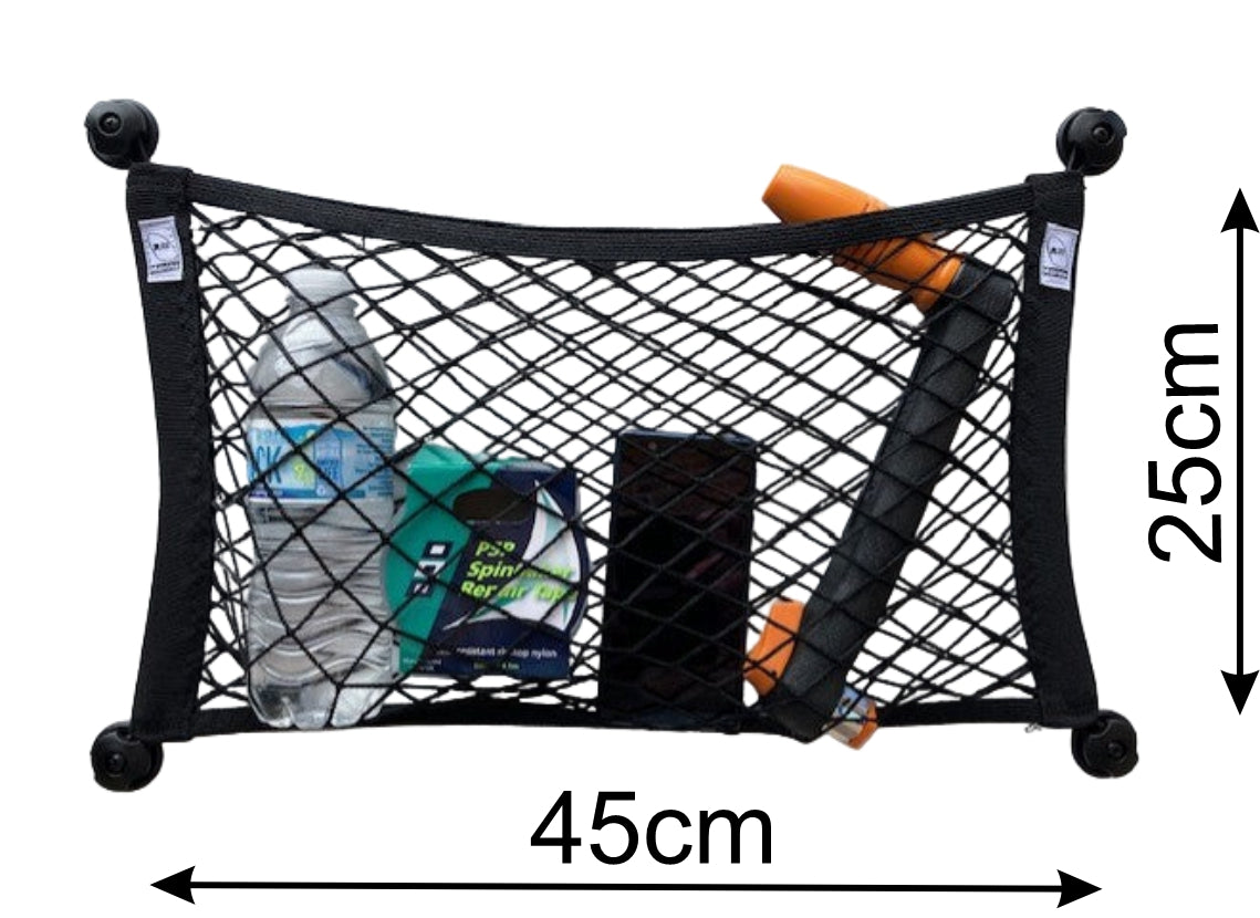 Measurement diagram showing elastic mesh storage pouch dimensions 45cm x 25cm