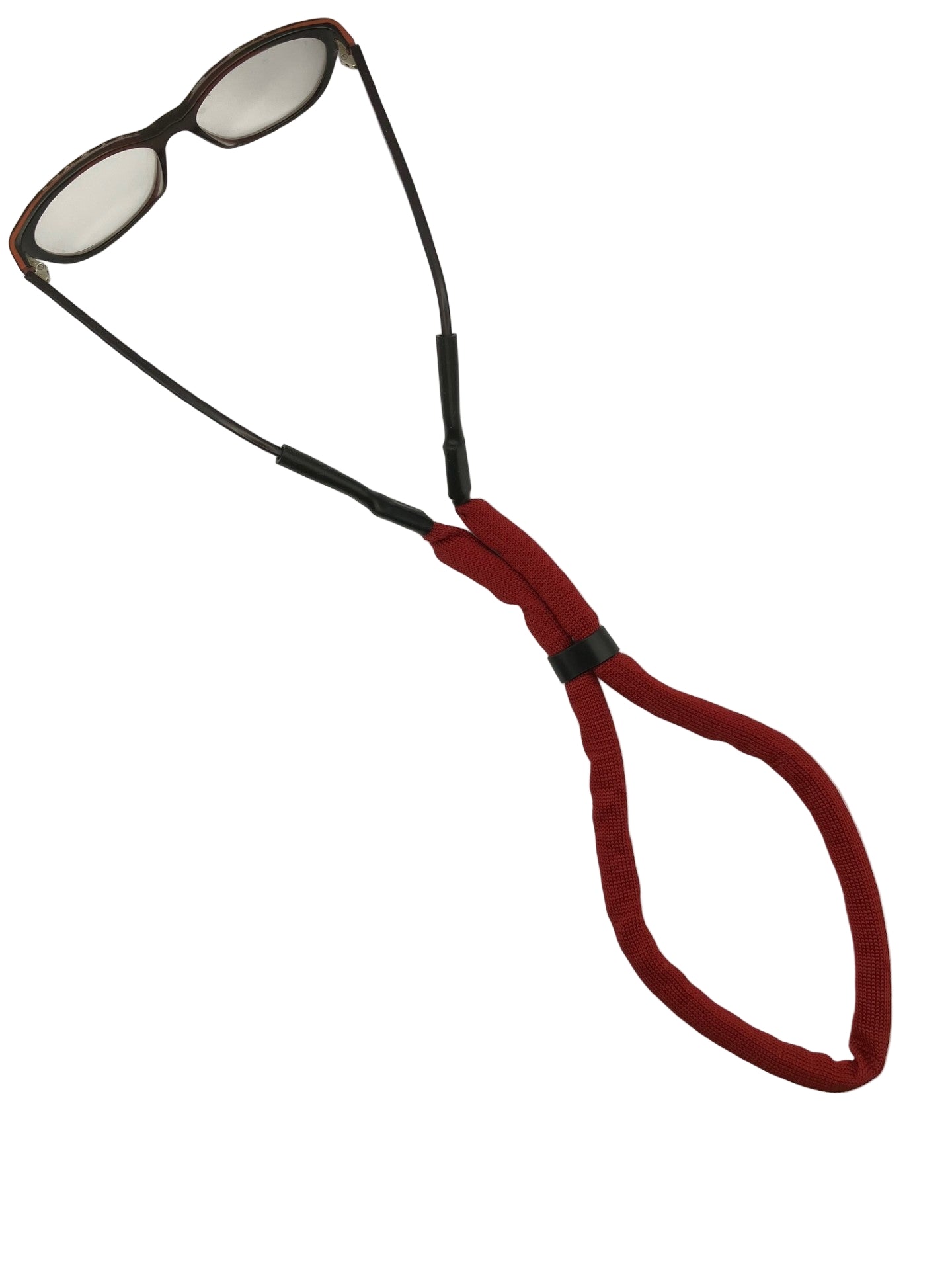 Red floating foam sunglass strap in use on sunglasses