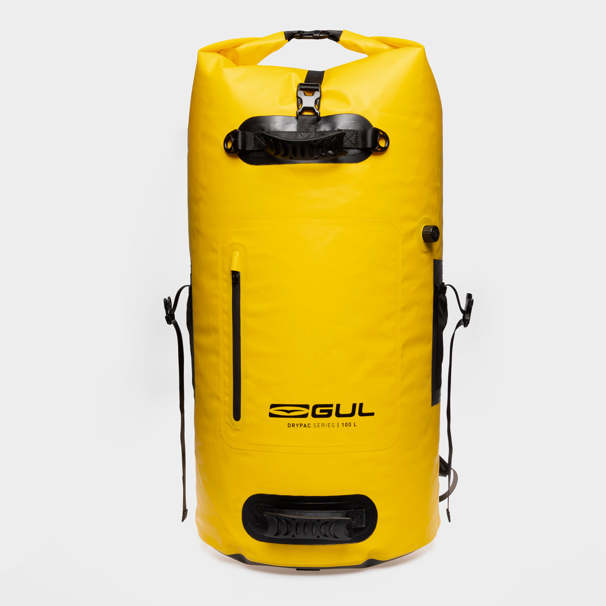 Front view of the yellow GUL Drypac 100L dry bag with zipped pocket and two carry handles