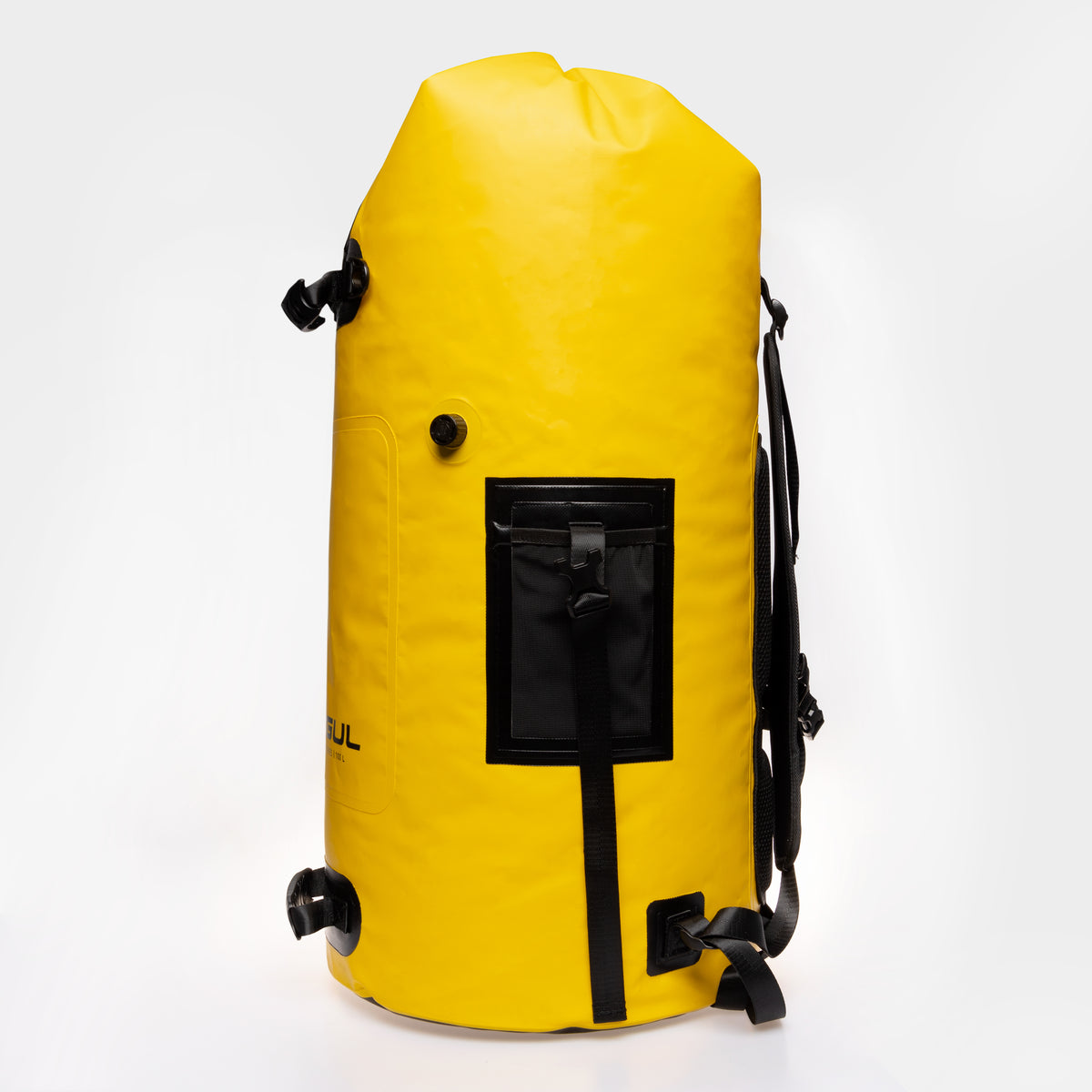 Side view of the yellow GUL Drypac 100L dry bag showing a black carry handle and straps.