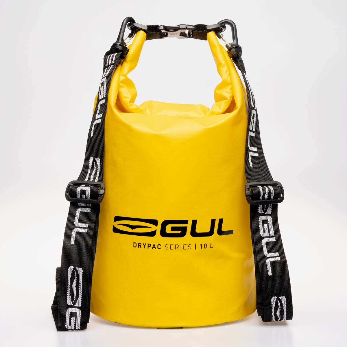 Front view of the yellow GUL Drypac 10L dry bag with black shoulder strap and buckle closure.