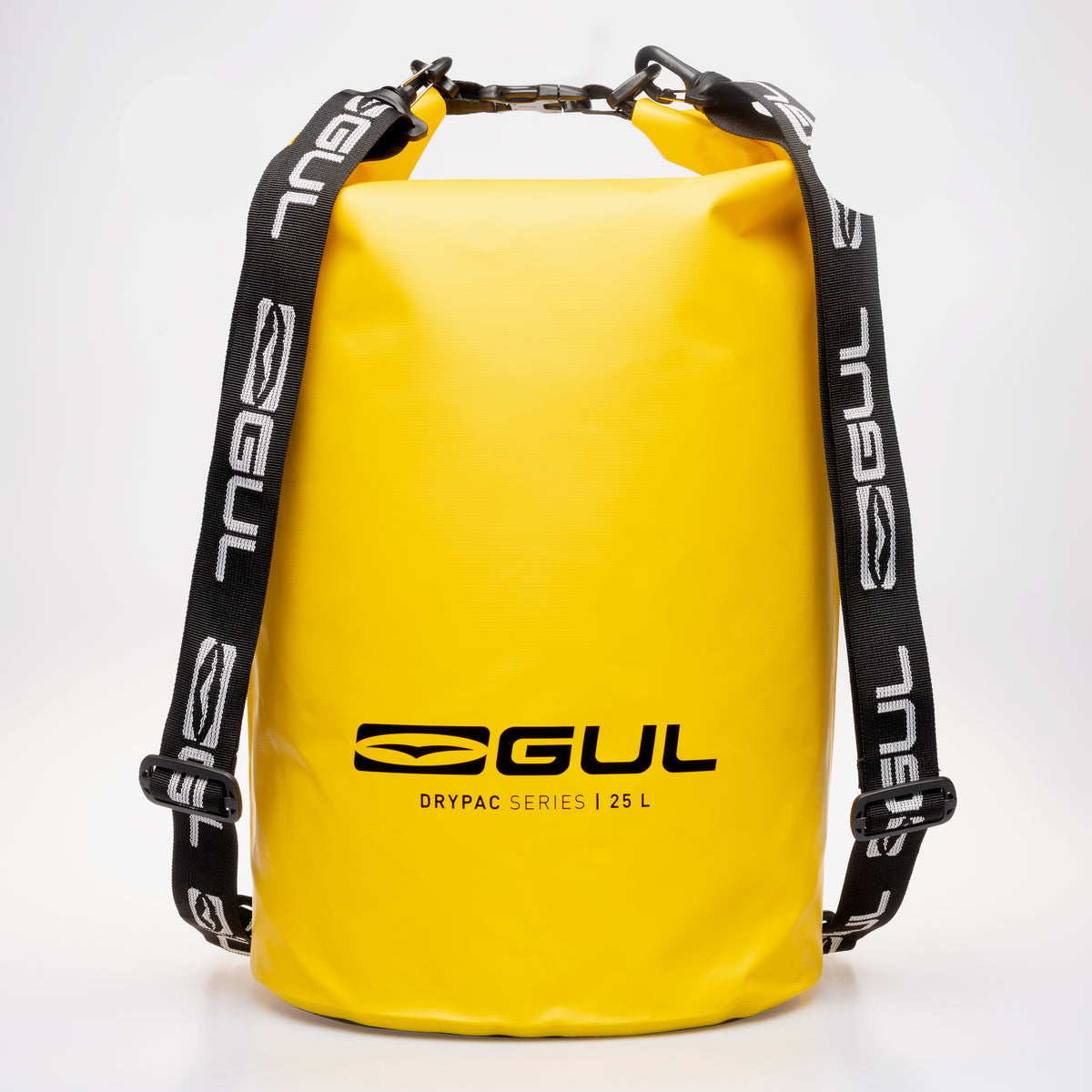Front view of the yellow GUL Drypac 25L dry bag with black GUL shoulder strap