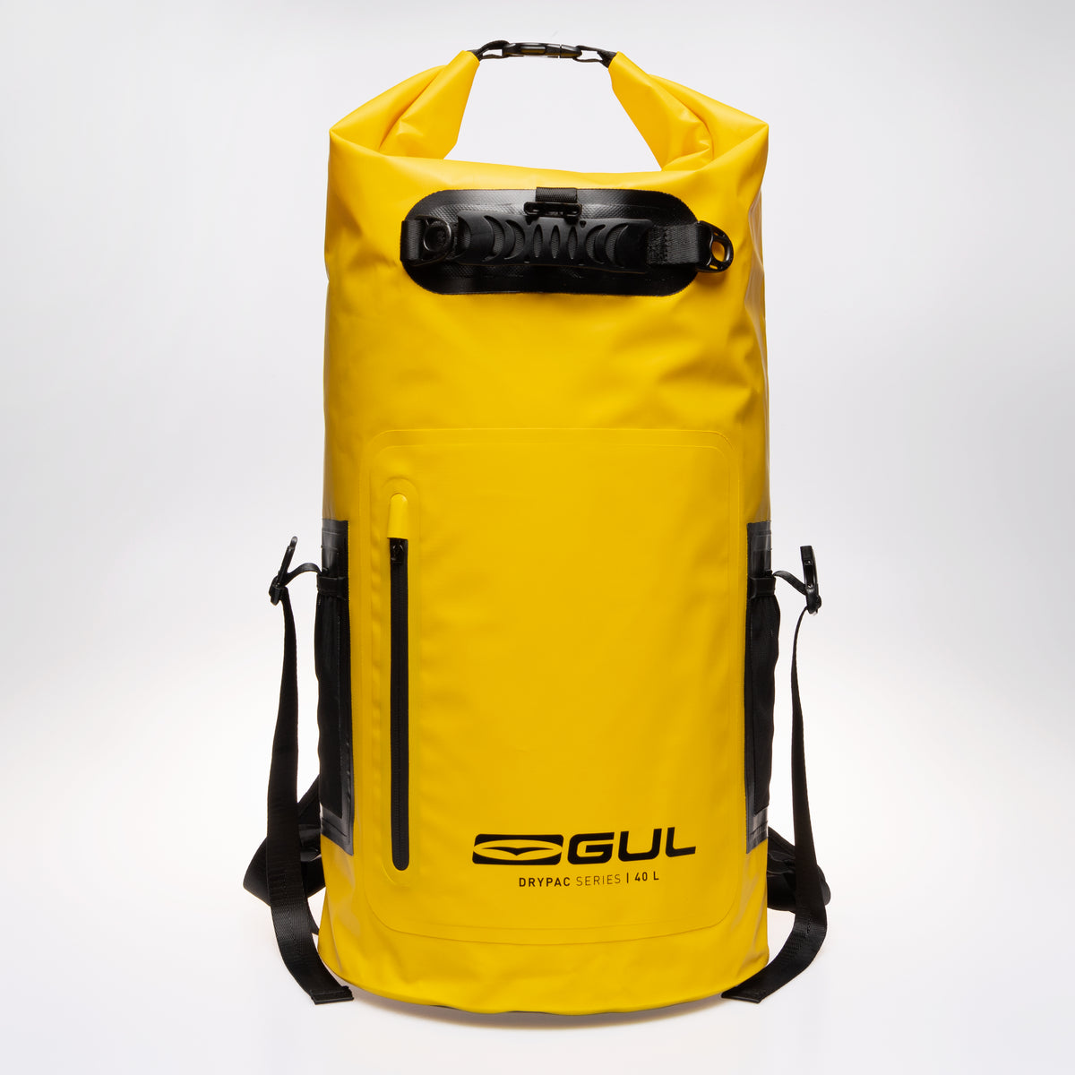 Front view of the yellow GUL Drypac 40L dry bag with zipped pocket and black carry handle.