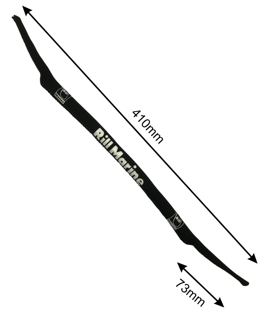 Black neoprene glasses strap showing measurements