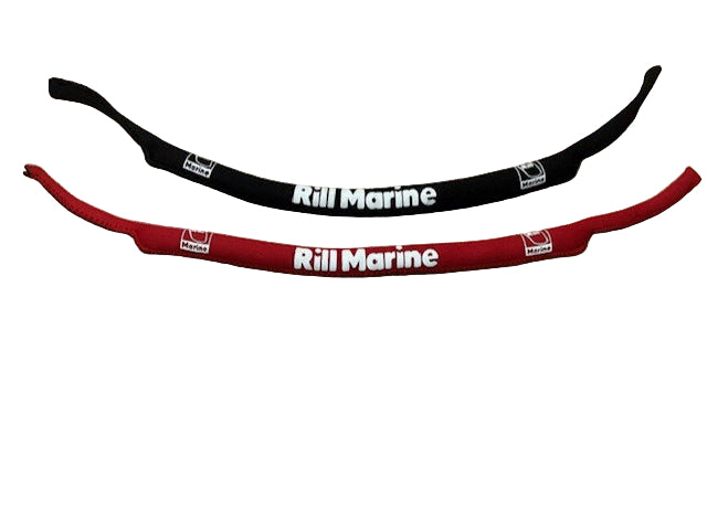 Black and red neoprene floating straps for sunglasses laid flat
