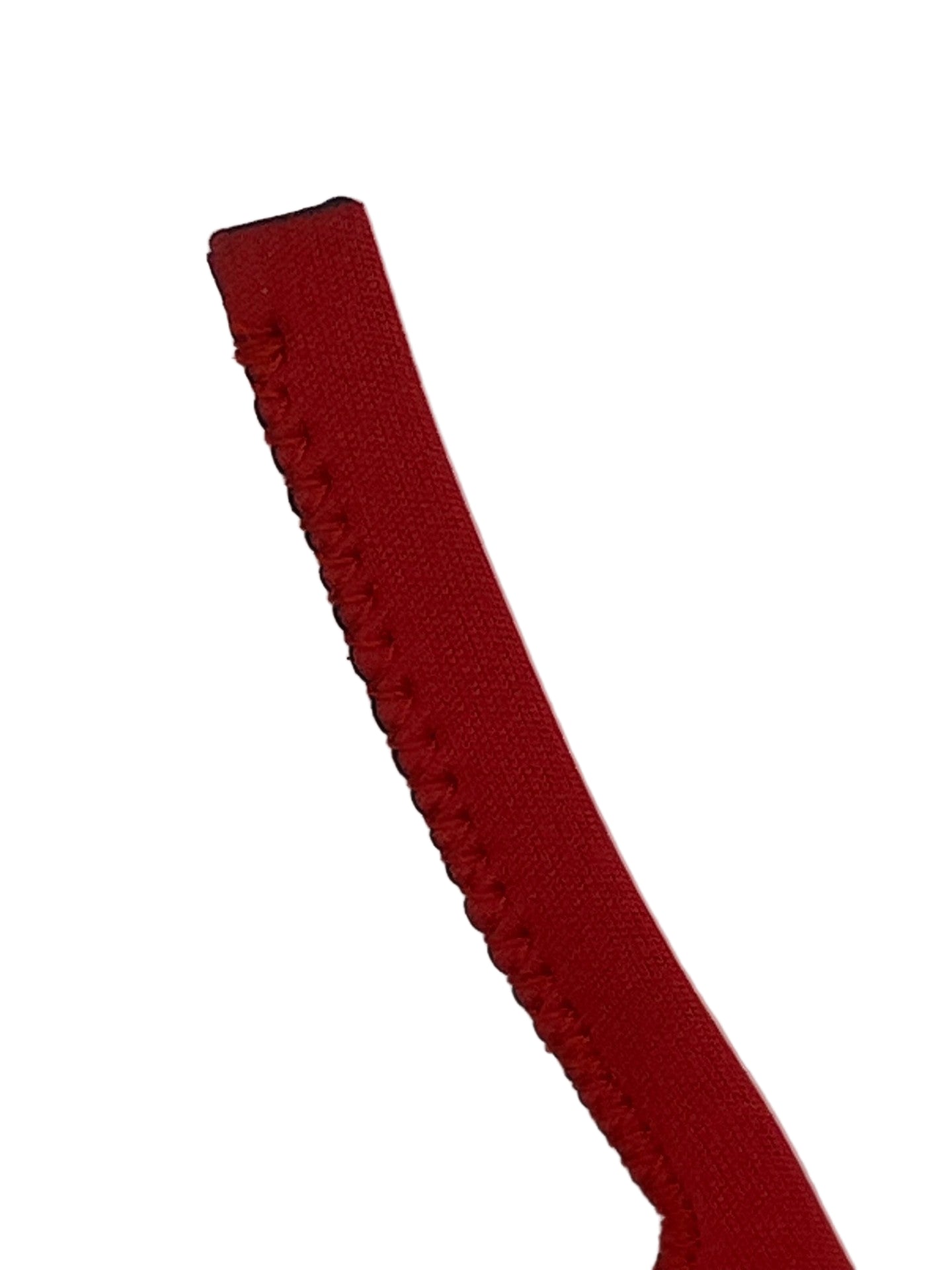 Red neoprene floating strap with locked stitched ends and attachment tab