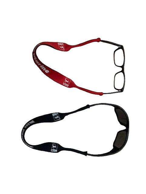 Pair of neoprene sunglass straps in red and black