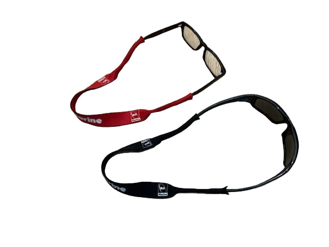 Neoprene sunglass strap in red and black showing stitched ends
