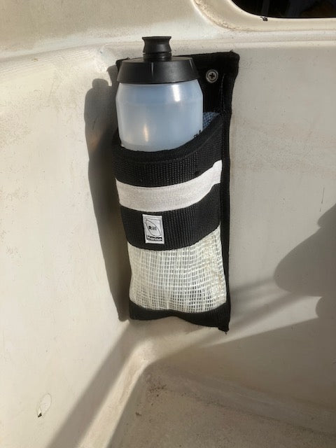Side view of eco-friendly bottle holder made from upcycled sailing material