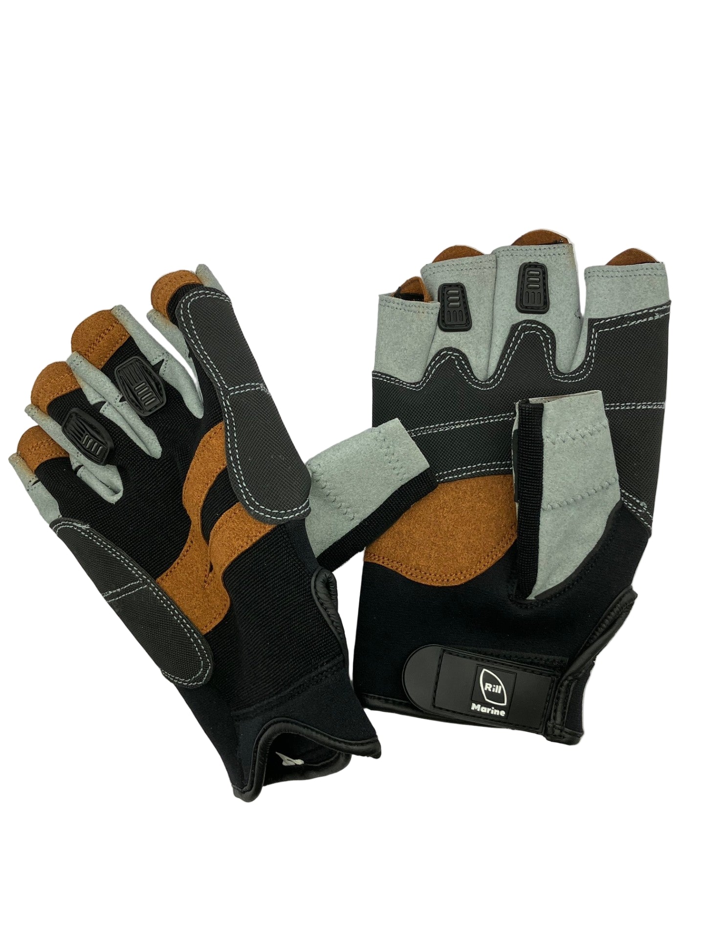 Detail of grip pads and reinforced palm on fingerless sailing gloves