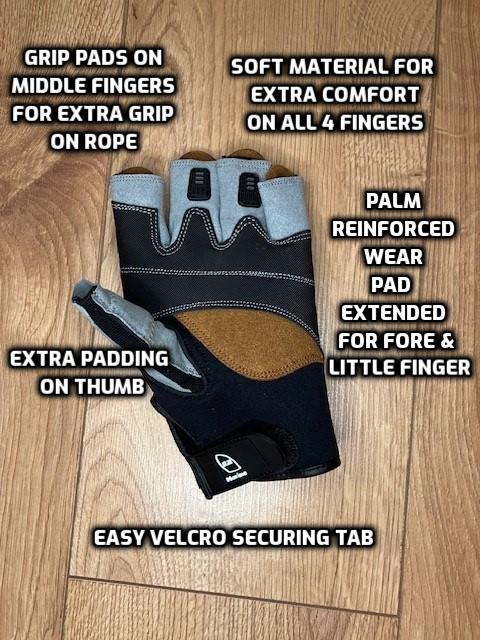 Sailing glove palm showing reinforced wear pads, grip pads and thumb padding