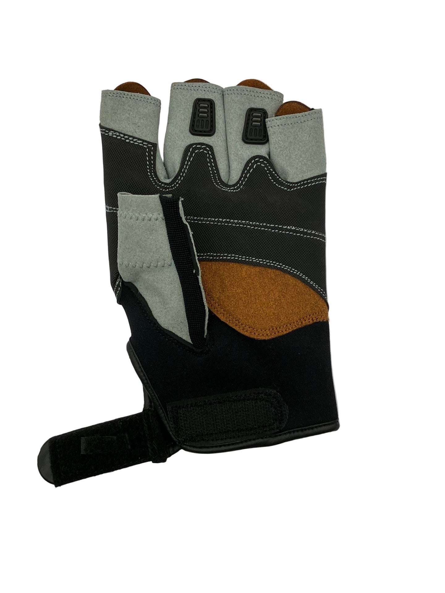 Velcro securing tab and scalloped cuff on sailing gloves for watch comfort