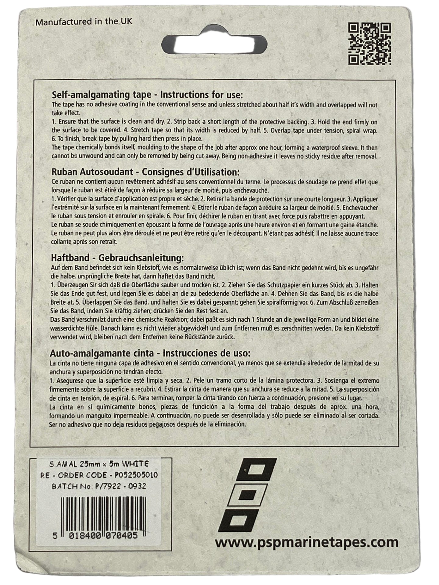 Self amalgamating tape product packaging and instructions