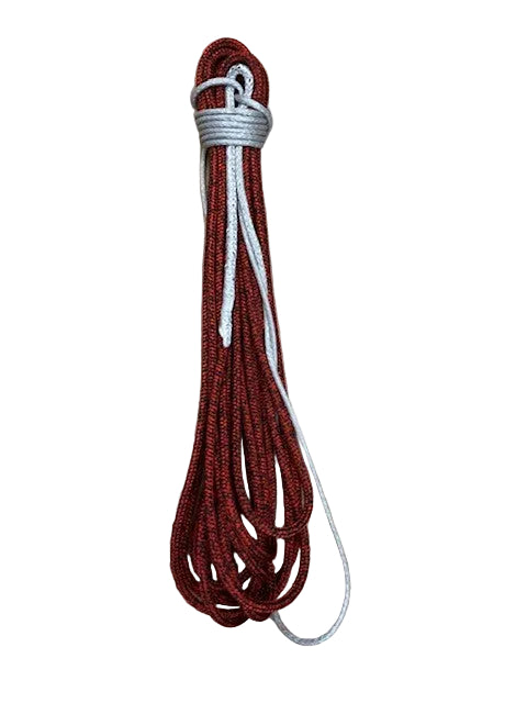 Red tapered spinnaker sheet bundled with Dyneema tail – single sheet on white background