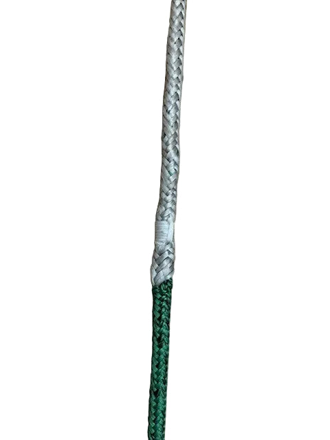 Close-up of tapered spinnaker sheet showing the taper splice transition from green braid to Dyneema tail
