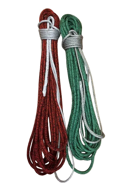 Pair of tapered spinnaker sheets in red and green with Dyneema tails, bundled on white background